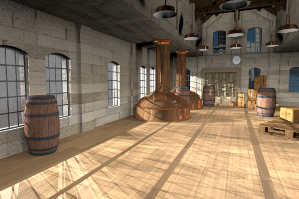 Inside a distillery room, there are wooden barrels and metal pipes.