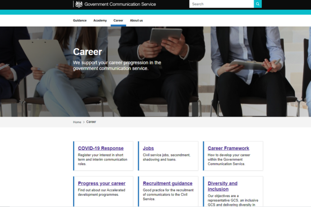 landing web page for career, showing career headers such as job and progress your career.