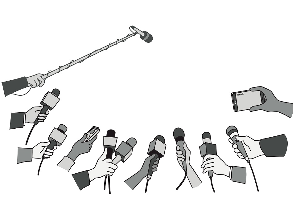 Various press reporter hands with microphones and recorder in press interview. Politics, business, press interview, news, concept