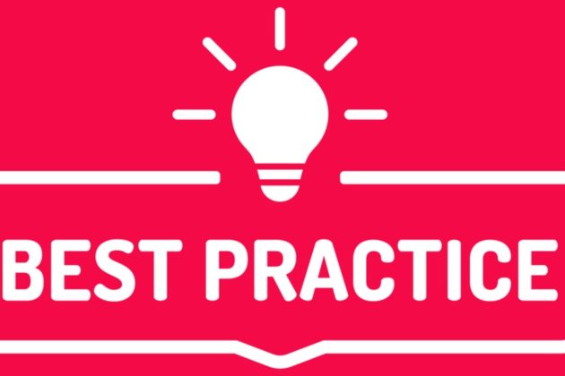 Text saying 'best practice' in a white frame and a light bulb above, all in red background.