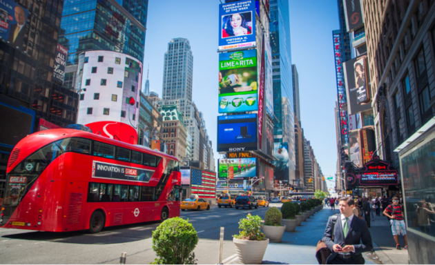 A red double-decker bus in New York City representing GREAT Britain campaign.