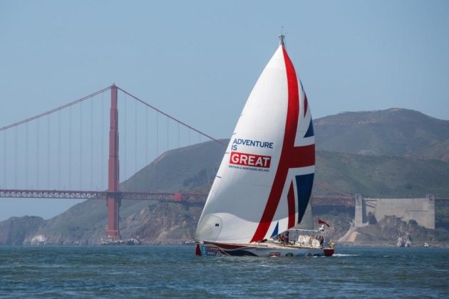 A yacht passing under Golden Gate Bridge in San Francisco with GREAT branding.