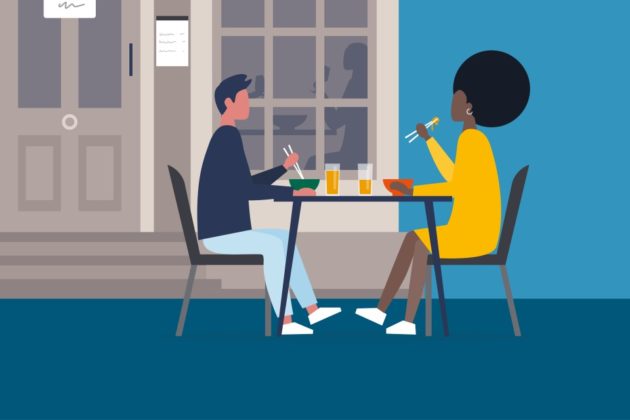 A campaign poster for the 'Here to help' campaign by the Food Standards Agency (FSA) showing two people eating and drinking at a table.