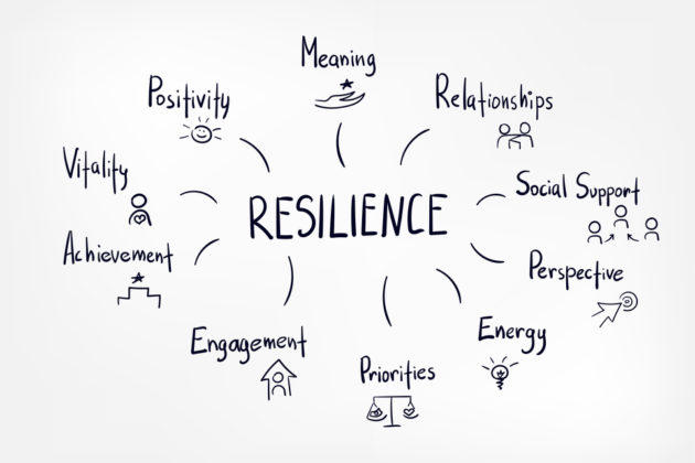 Word chart with resilience being linked to:  positivity, meaning, relationships, social support, perspective, energy, priorities, engagement, achievement, and vitality.