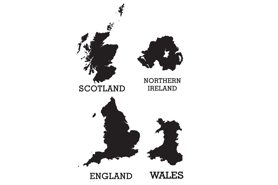 Map of the British Isles, UK, Great Britain, Black solid separated regions.