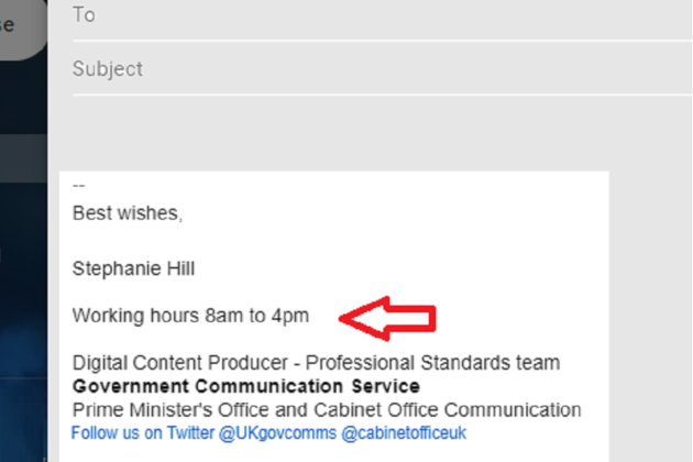 Email signature showing working hours.