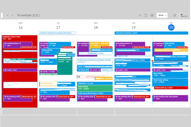 Online calendar showing time blocked in colour code for each working day.
