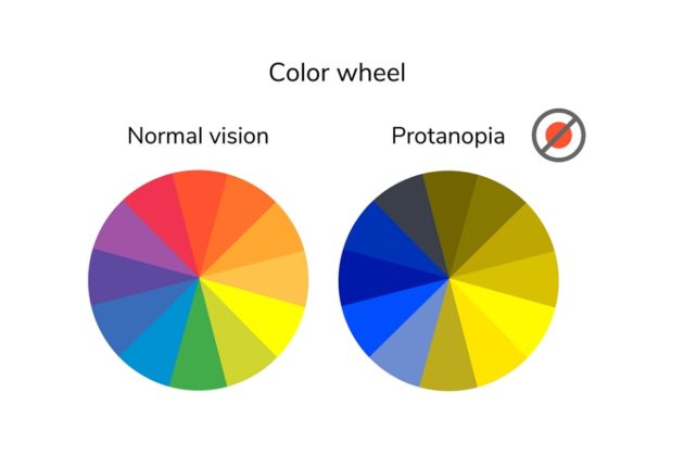 color wheel, palette, normal vision protanopia color blindness