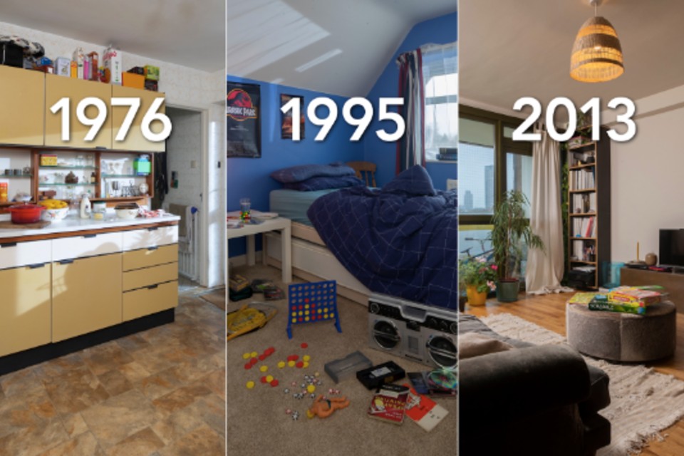 A kitchen in 1976, a bedroom in 1995 and a living room in 2013.