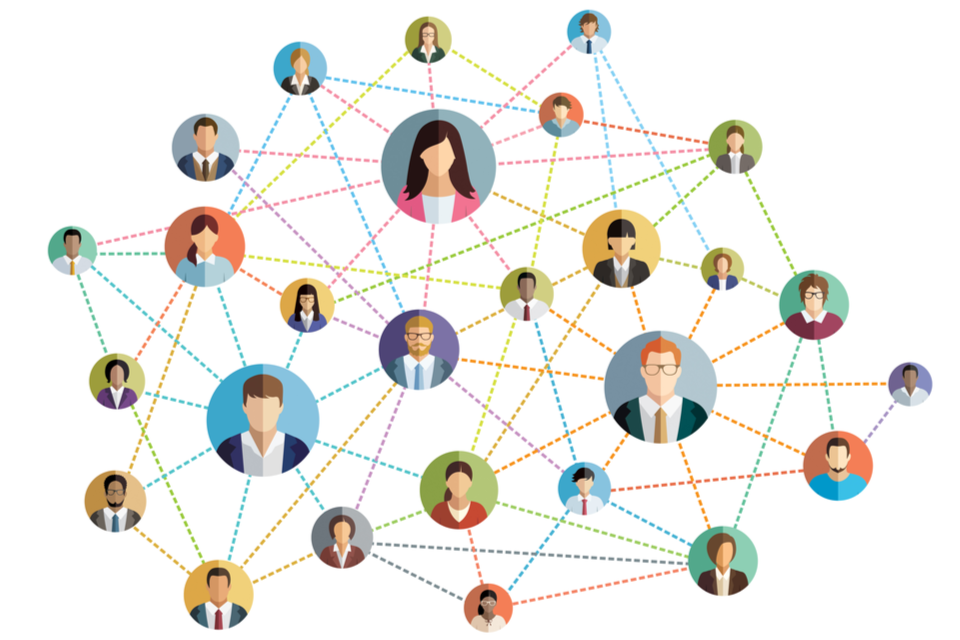 Abstract illustration of network of people with lines connecting each heads in circle illustrating people's photo,