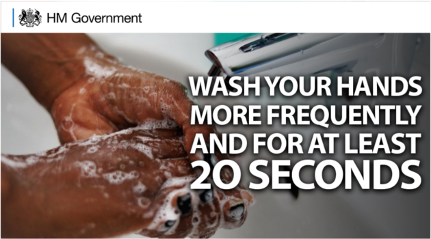 hands of a person washing their hands covered in soapy foam under a tap. Over the image the text reads “wash your hands more frequently and for at least 20 seconds”.