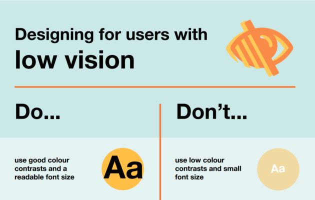 Do: use good colour contrasts and readable font size, don't use low colour contrasts and small font size.