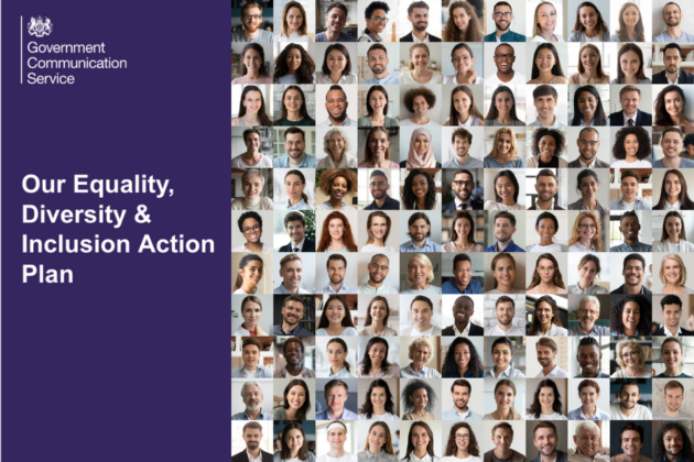Image of multiple people with text that says Government Communication Service: Our Equality, Diversity and Inclusion Action Plan