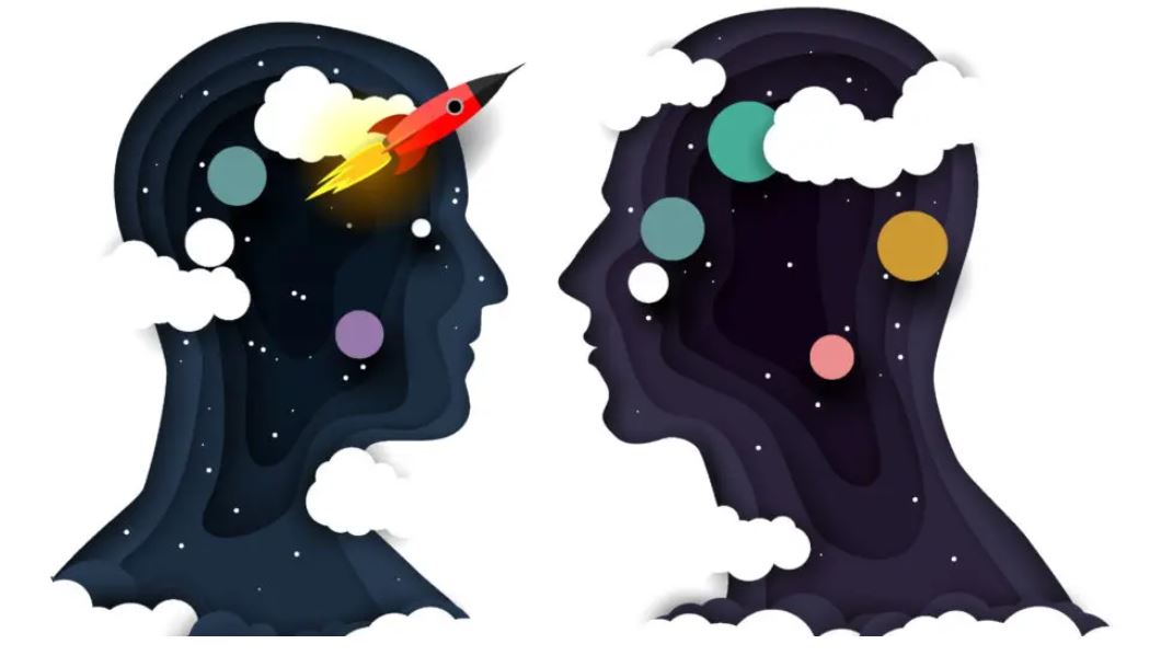 Head silhouettes with rocket, vector paper cut illustration