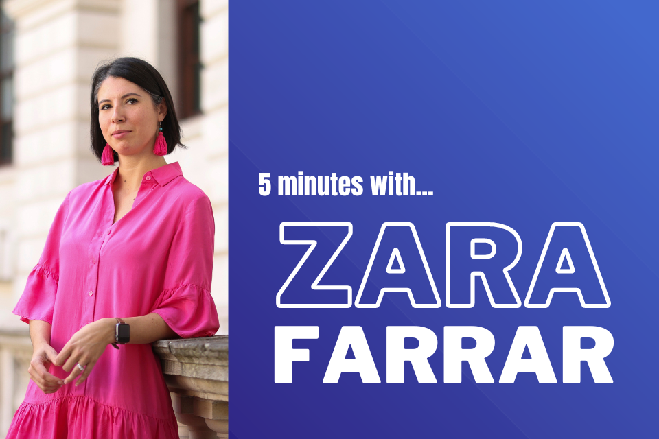 Photograph of Zara Farrar with the text '5 minutes with Zara Farrar' on a blue background.