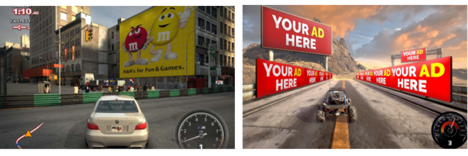 Image 1 -  a car on the road in the foreground of a digital game. People and traffic lights in background. Large billboard advert for M&Ms on the side of a building within the game environment

Image 2 - a car on the road of a digital game. On either side of the road, billboards saying ‘Your ad here’ to show how advertisers can promote their products in gaming environments.