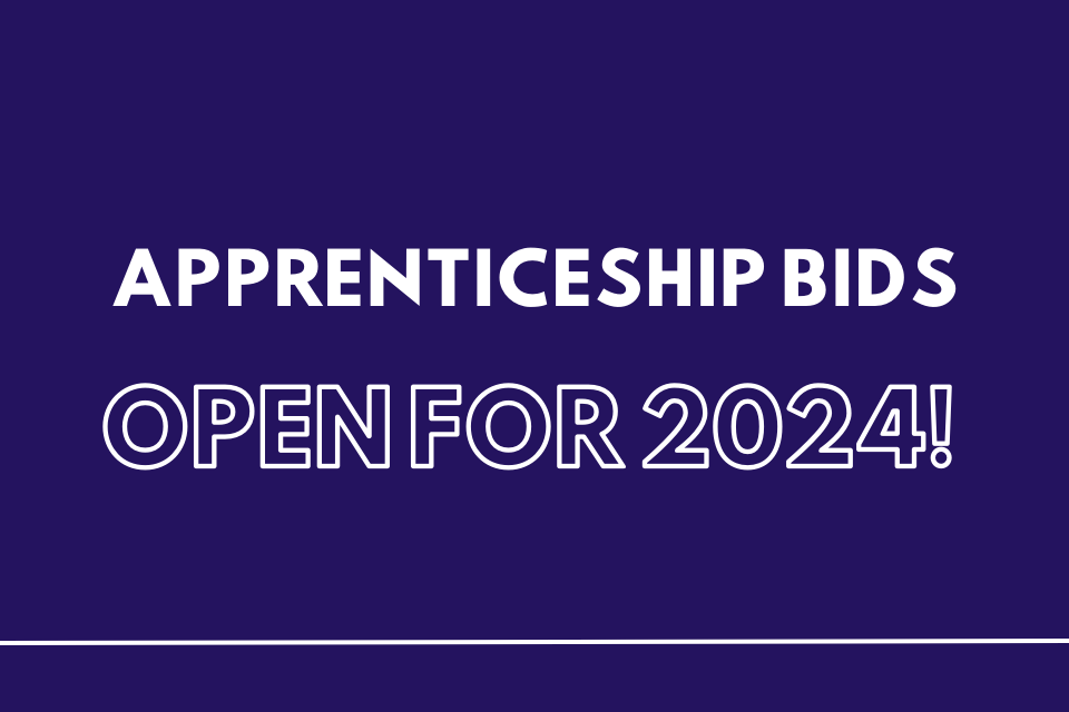 Dark navy blue background with white text which reads: Apprenticeships bids open for 2024!