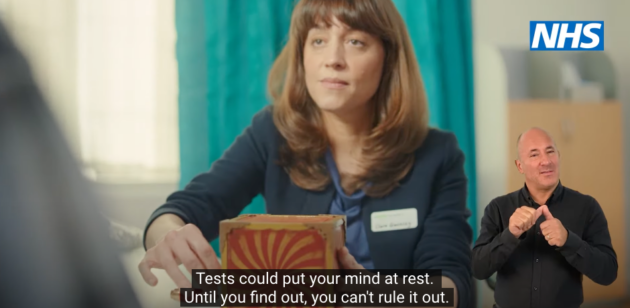 NHS England BSL-signed advert to encourage cancer screening. Woman opening box.