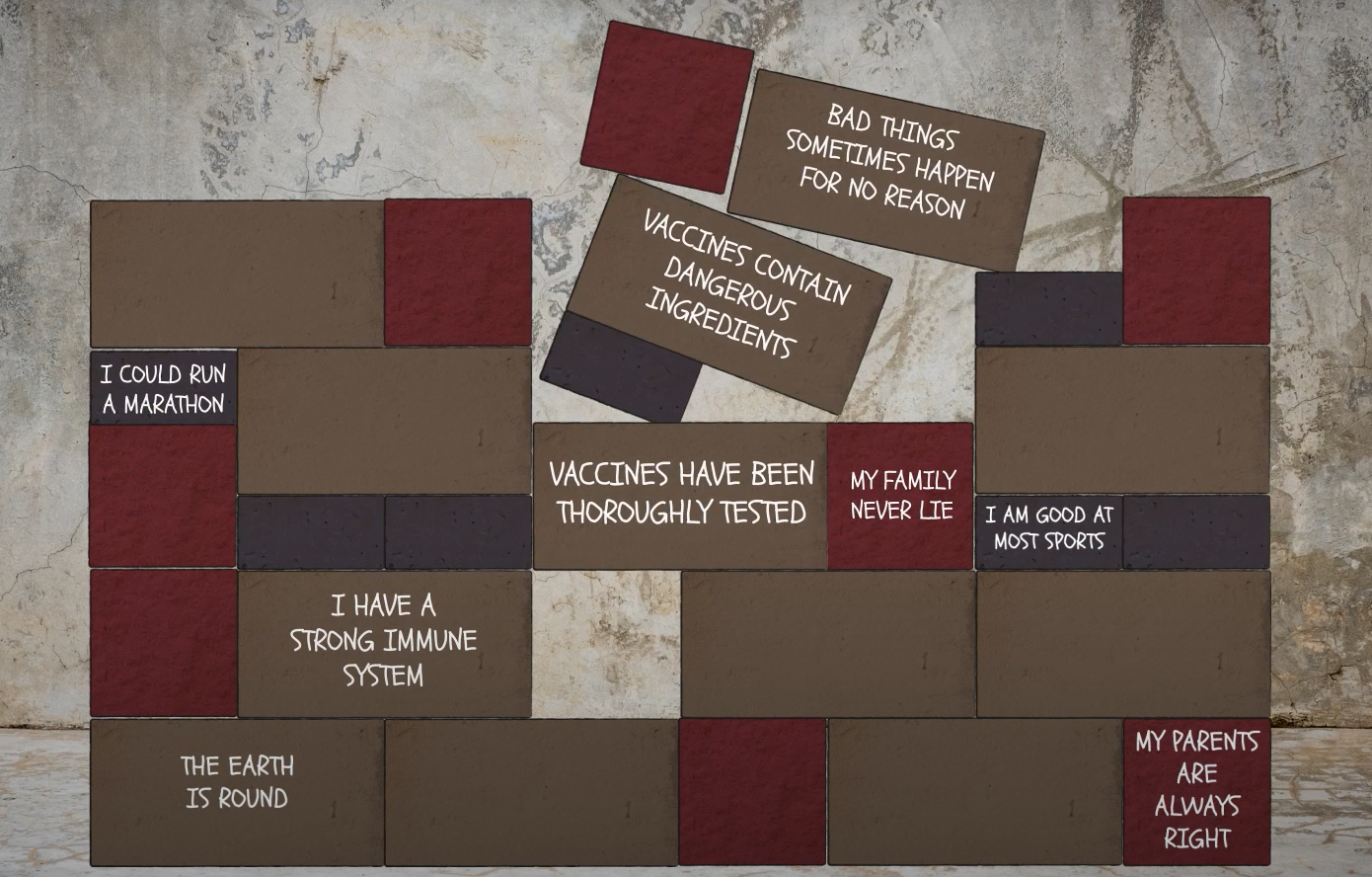 Wall built of red and brown bricks with beliefs written on some bricks, 4 top brick are falling on top of the wall