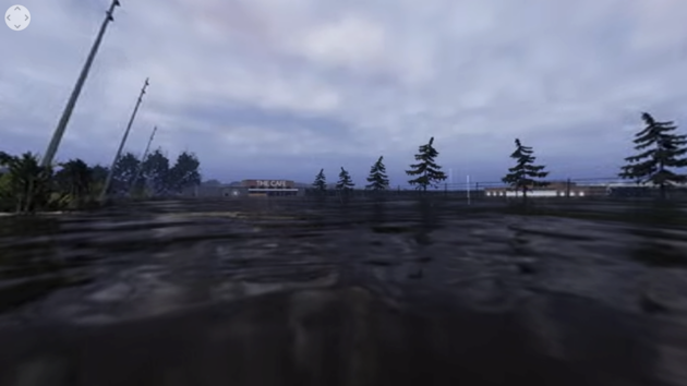 A still of a virtual reality simulation set by the English coastline, showing the sea level rising and the land being covered by water. There are two buildings in the distance underwater.