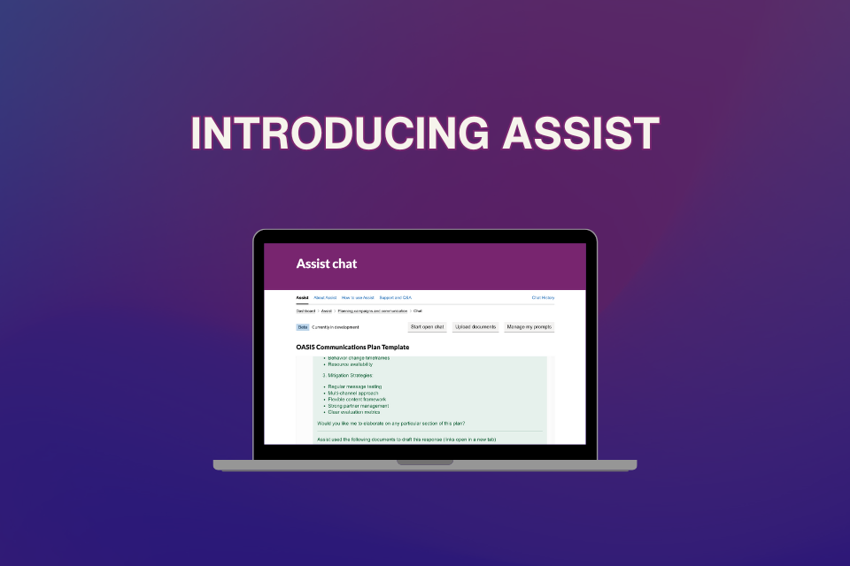 A gradient dark mauve background with capitalised text 'Introducing Assist' above an open laptop. The laptop screen displays a webpage titled Assist chat with sections for uploading documents and viewing a communications plan template.