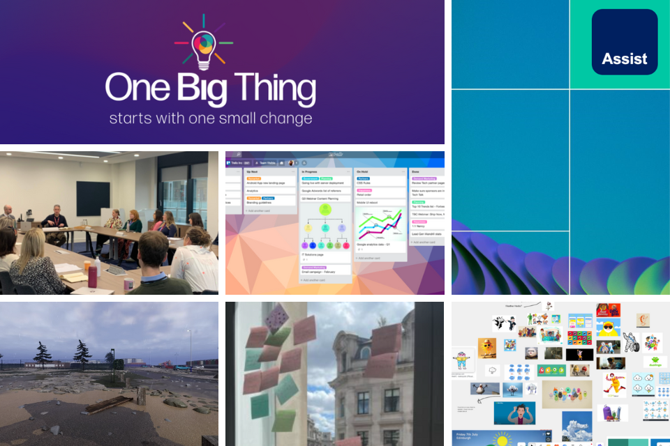 A grid with 7 images in different sizes. The first, prominent image is the branding for One Big Thing with a colourful lightbulb on a purple background. Beside it is the branding for Assist which is a blend of blues and purples. The next 5 images are all examples of innovation from blogs. They are: a group of people in discussion together in a room, a screenshot of innovation mapping on a whiteboard, a screenshot of a VR screen, a photo of post it notes on a window, and, a screenshot of a creative mapping session.